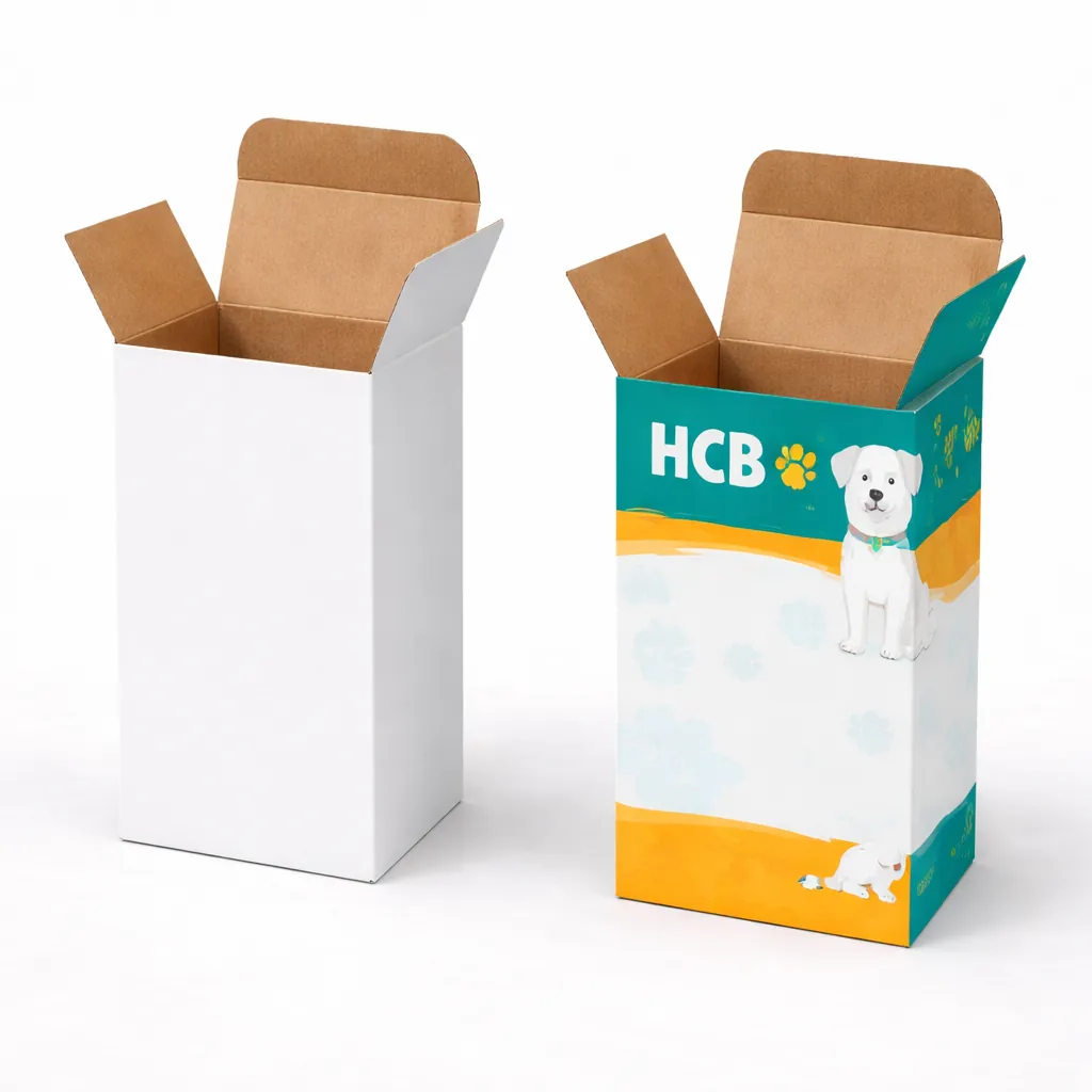 Two open vertical cardboard boxes, one plain white and one with vibrant pet-themed printing and branding. class=